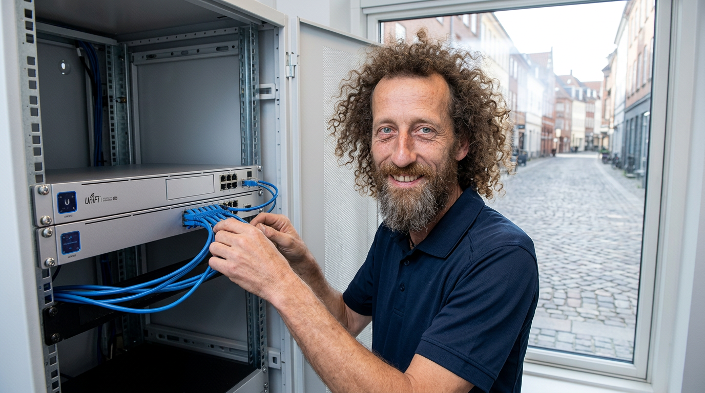 Unifi - Mads tilslutter blå netværkskabler til udstyr i et serverrack, mens han står indendørs ved et vindue ud mod en brostensbelagt gade. Safi.dk