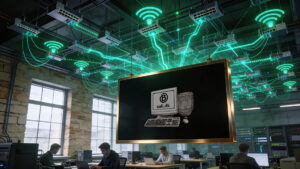 unifi Mennesker, der arbejder på et kontor med synlige murstensvægge og servere, med et digitalt overlay af tilsluttede wi fi symboler og en indrammet illustration af en computer og en mikrofon i forgrunden. safi.dk